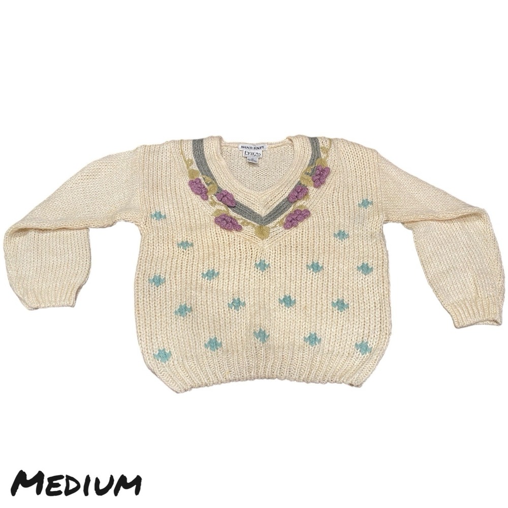 Vintage 80s Erika Hand Knit‎ Sweater Women's M Cream Grape Vine Floral Ramie